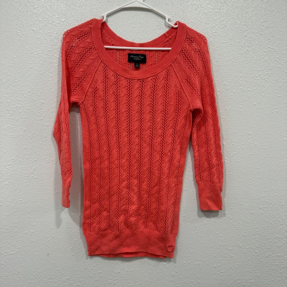 American Eagle Coral Pink Pointelle Cable Knit Scoop Neck Sweater Womens Small